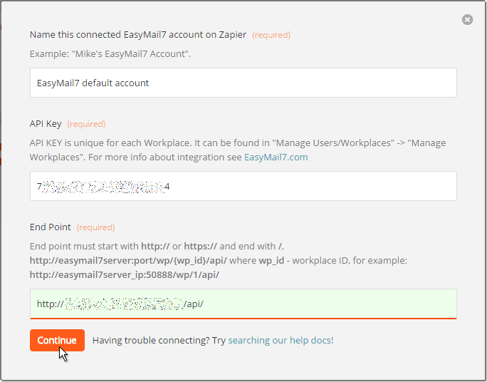 Connect zapier to EasyMail7 account