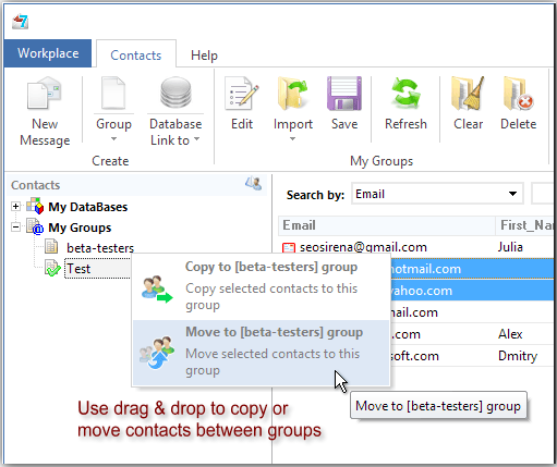 Copy and move selected contacts