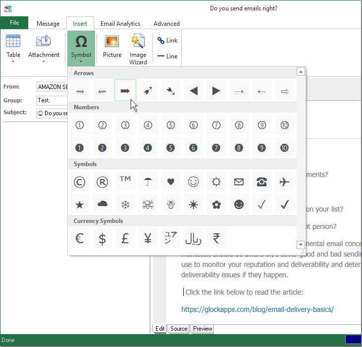 Insert special symbols into the message in G-Lock EasyMail7