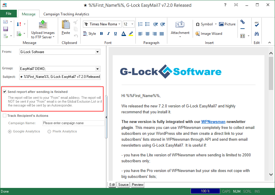 Send PDF report in G-Lock EasyMail7