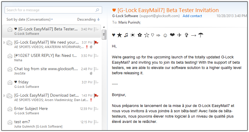 G-Lock EasyMail7 symbols in the Subject line